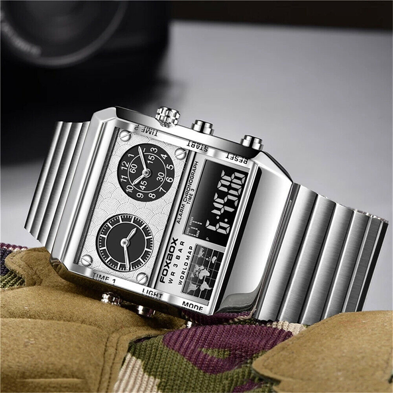 LIGE FOXBOX Men Watch Rectangle Dual Time Wristwatch Male Digital LED Watches - Picture 20 of 23