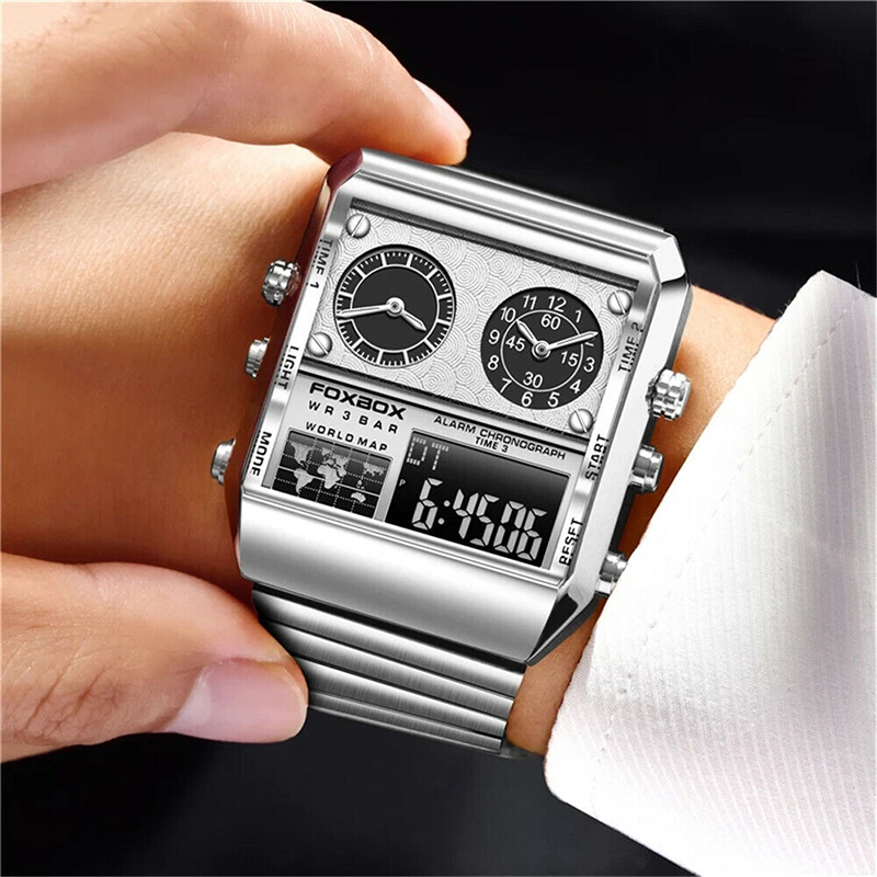 LIGE FOXBOX Men Watch Rectangle Dual Time Wristwatch Male Digital LED Watches - Picture 21 of 23